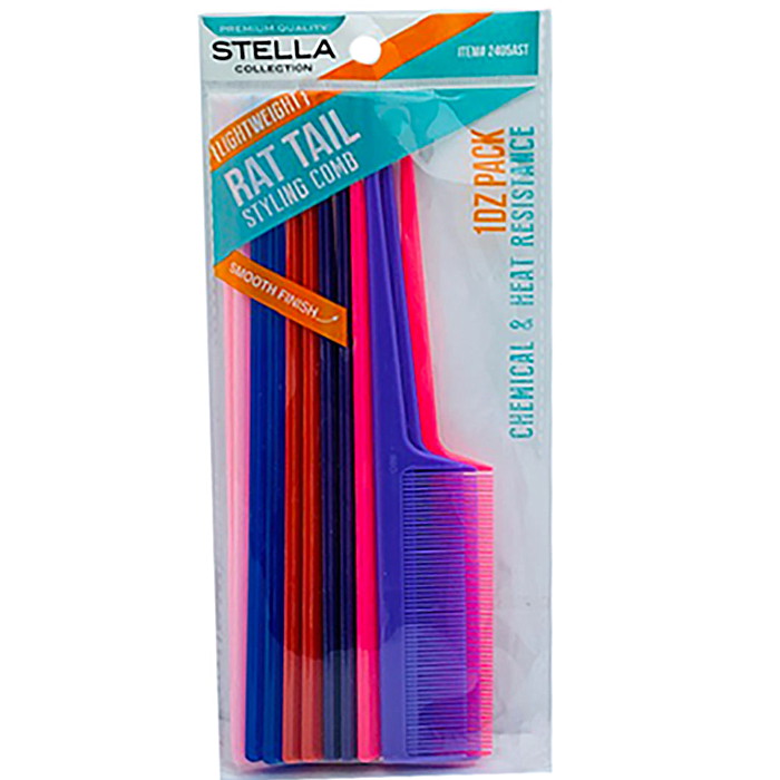 Stella Collection Rat Tail Comb Assorted Color - 12 pcs