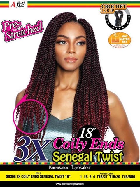 Mane Concept Afri Naptural Crochet Loop Pre-Stretched Braid - SB308 3X COILY ENDS SENEGAL TWIST 18"