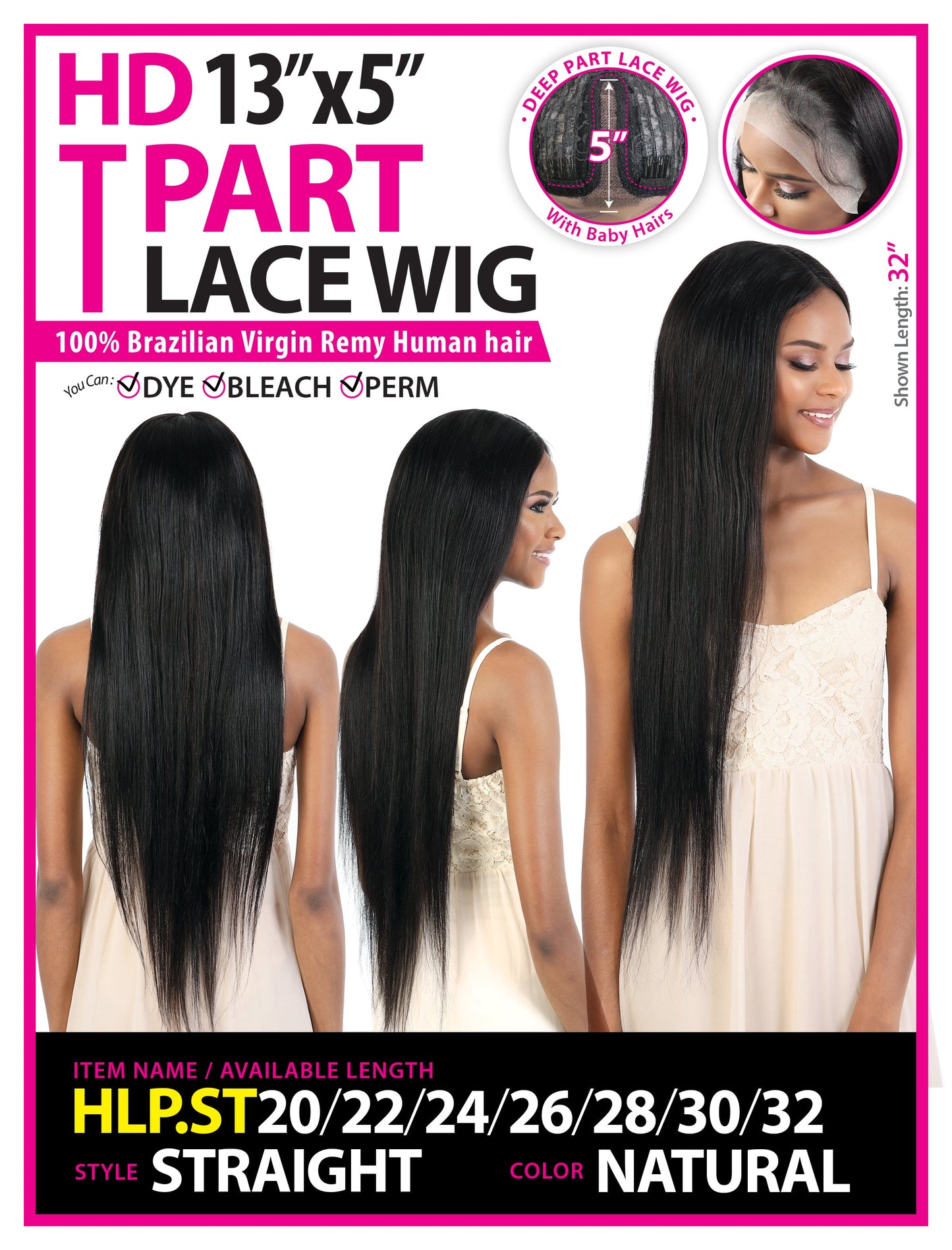 Beshe Seduction 100% Brazilian Virgin Remy Human Hair HD 13"x5" T Part Lace Wig - HLP.ST STRAIGHT 20-32"