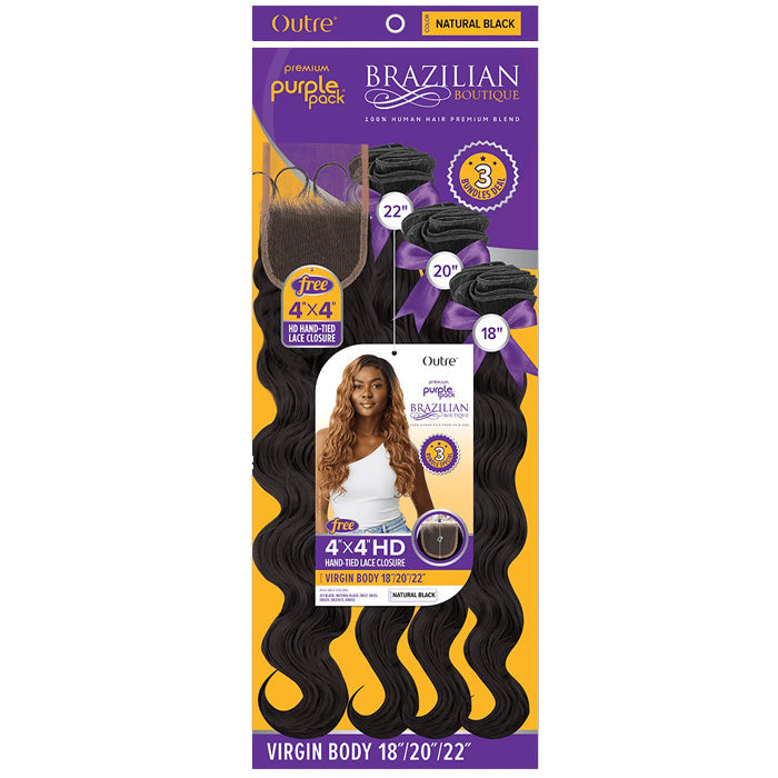 Outre Purple Pack Brazilian Boutique Human Hair Blend Weave - VIRGIN BODY 4PCS (18/20/22 inch + 4X4 HD lace closure)