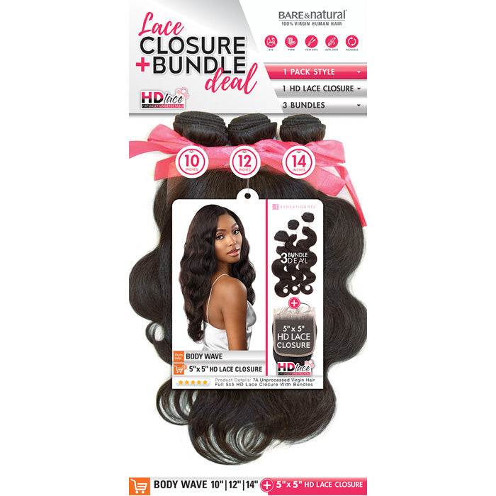Sensationnel Bare & Natural 100% Virgin Human Hair 5x5 HD Lace Closure 3 Bundles Weave - BODY WAVE 10-22"