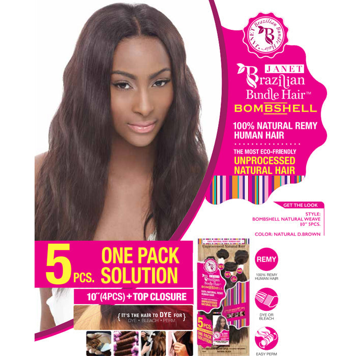 Janet Collection Brazilian Bundle Bombshell 100% Natural Remy Human Hair Weave - NATURAL WEAVE 4 Pcs + Top Closure