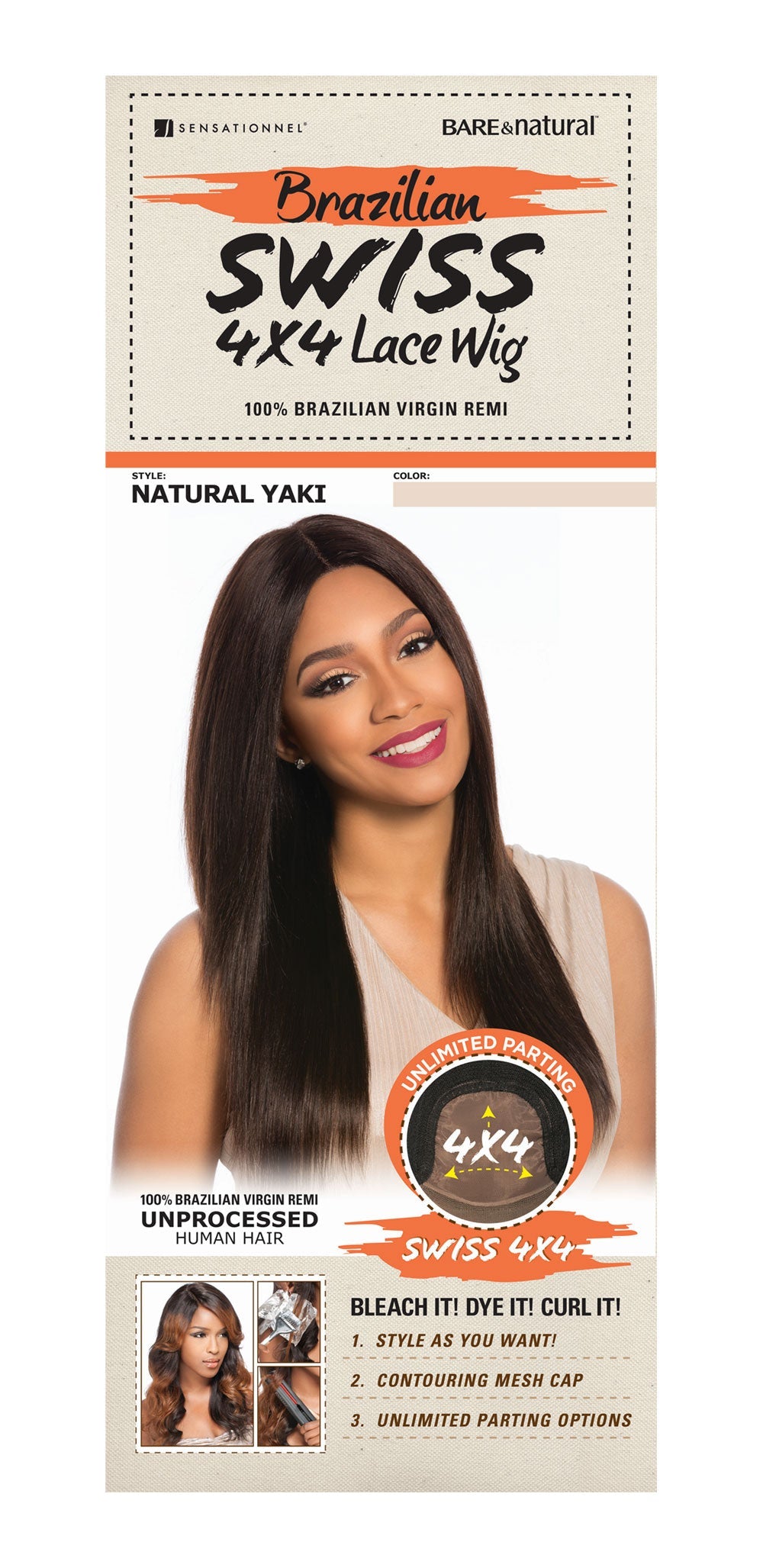 Sensationnel Bare & Natural 100% Brazilian Remy Swiss 4x4 Lace Front Wig NATURAL YAKI