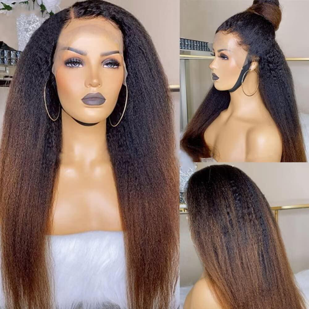 Black to Brown Ombre Kinky Straight 360 Skin Lace Frontal Invisi String Pre Everything Glueless Long Wig