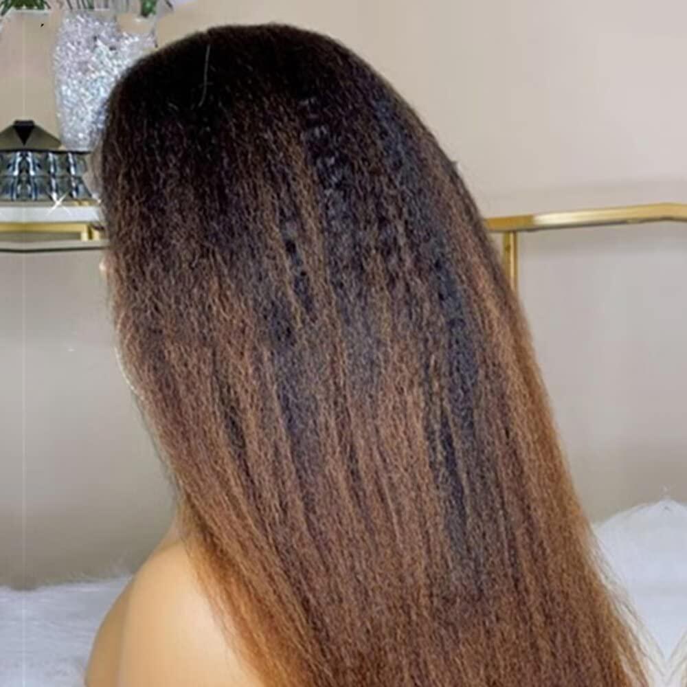 Black to Brown Ombre Kinky Straight 360 Skin Lace Frontal Invisi String Pre Everything Glueless Long Wig