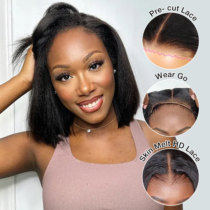 Bleached Knots Kinky Straight Hair Bob Wig Pre-cut Hd Lace Wear Go Glueless Human Hair Wigs