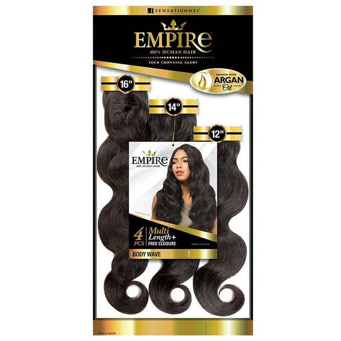 Sensationnel Empire 100% Human Hair Multi Length + Free Closure 4 PCS Weave - BODY WAVE 10-18"