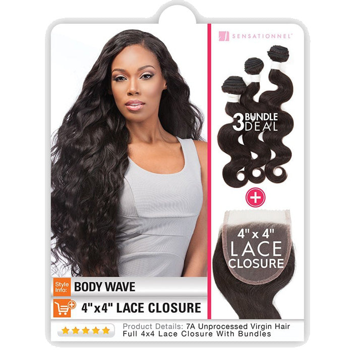 Sensationnel Bare & Natural 100% Unprocessed Virgin Human Hair 4x4 Swiss Lace Closure Bundle Deal Weave - BODY WAVE 10-22"