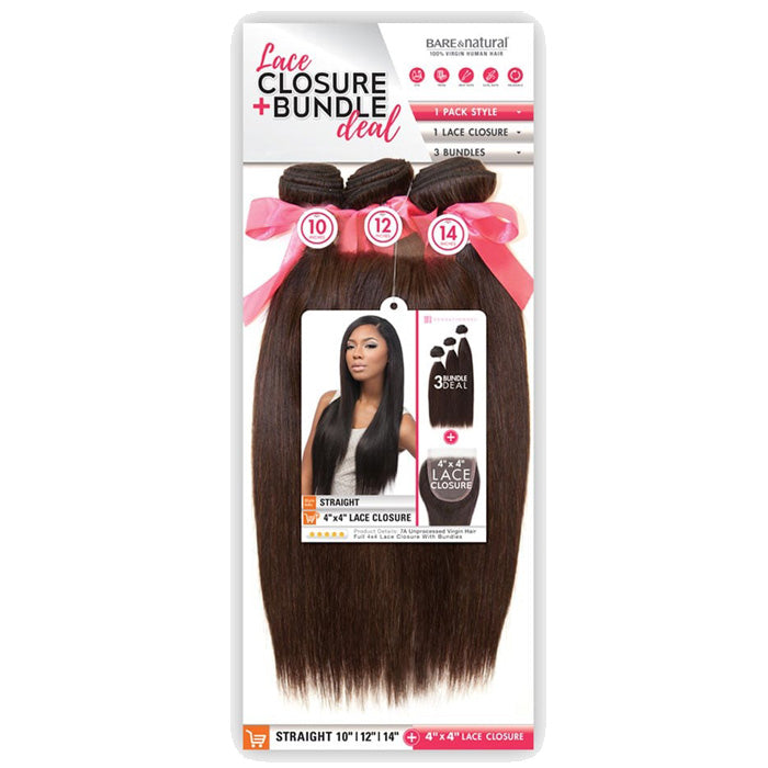 Sensationnel Bare & Natural 100% Unprocessed Virgin Human Hair Weave + 4x4 Swiss Lace Closure Bundle Deal STRAIGHT 10-22"