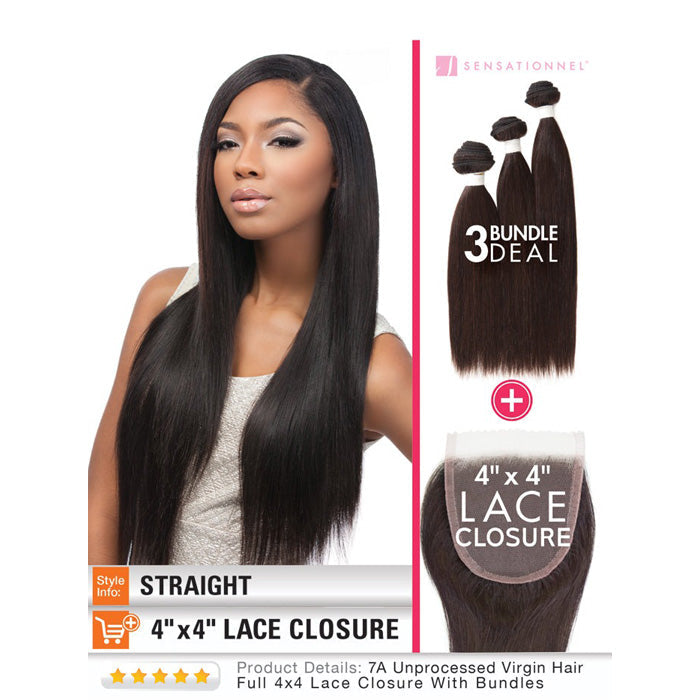 Sensationnel Bare & Natural 100% Unprocessed Virgin Human Hair Weave + 4x4 Swiss Lace Closure Bundle Deal STRAIGHT 10-22"