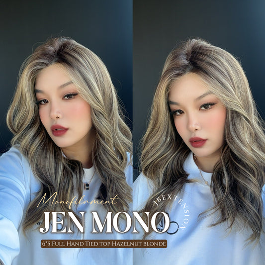 [PRE-ORDER] HOT OF SEASON -JBEXTENSION JEN MONO Monofilament Handmade Wig 6X5 Full Monofilament Hand Tied Top Wig 18 Inches Hazelnut Blonde Highlight Mono Lace Wig With Anti-slip Silicone Strips Glueless Wig JEN MONO【BENDY EAR TABS】