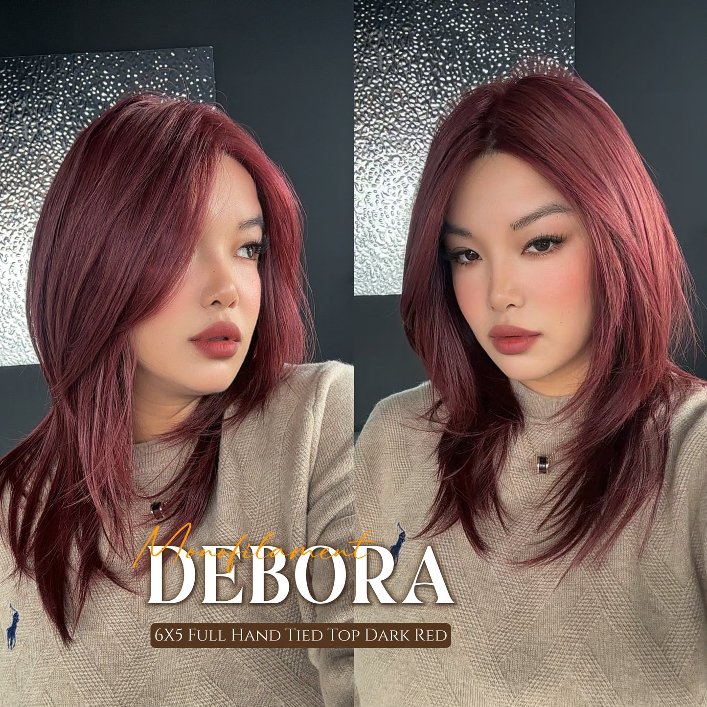 [PRE-ORDER] HOT OF SEASON - DEBORA MONO Monofilament Handmade Wig 6X5 Full Monofilament Hand Tied Top Wig 20 Inches Dark Red Mono Lace Wig With Anti-slip Silicone Strips Glueless Wig DEBORA MONO【BENDY EAR TABS】