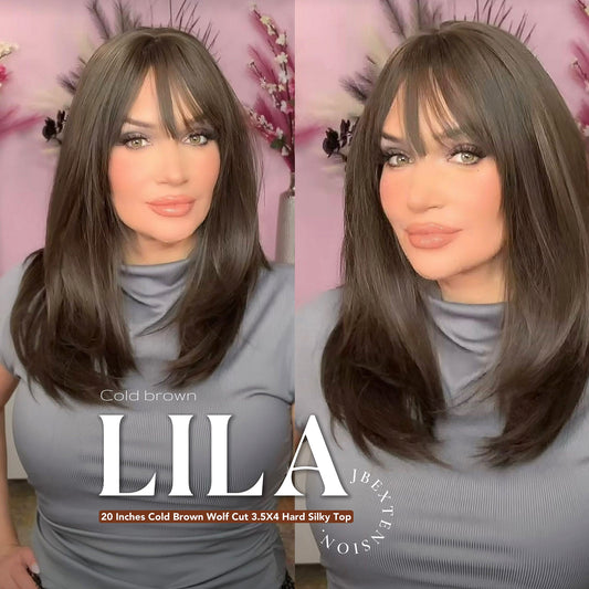 Rachel's Pick-20 Inches Scalpiana Cold Brown Wolf Cut 3.5X4 Hard Silky Top Natural Scalp Effect Wig With Bangs LILA