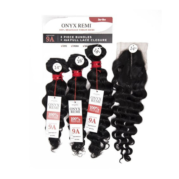 Onyx 9A 100% Brazilian Virgin Remi Human Hair Weave Bundle - 3X DEEP WAVE + 14" FRONT LACE CLOSURE (14-26")