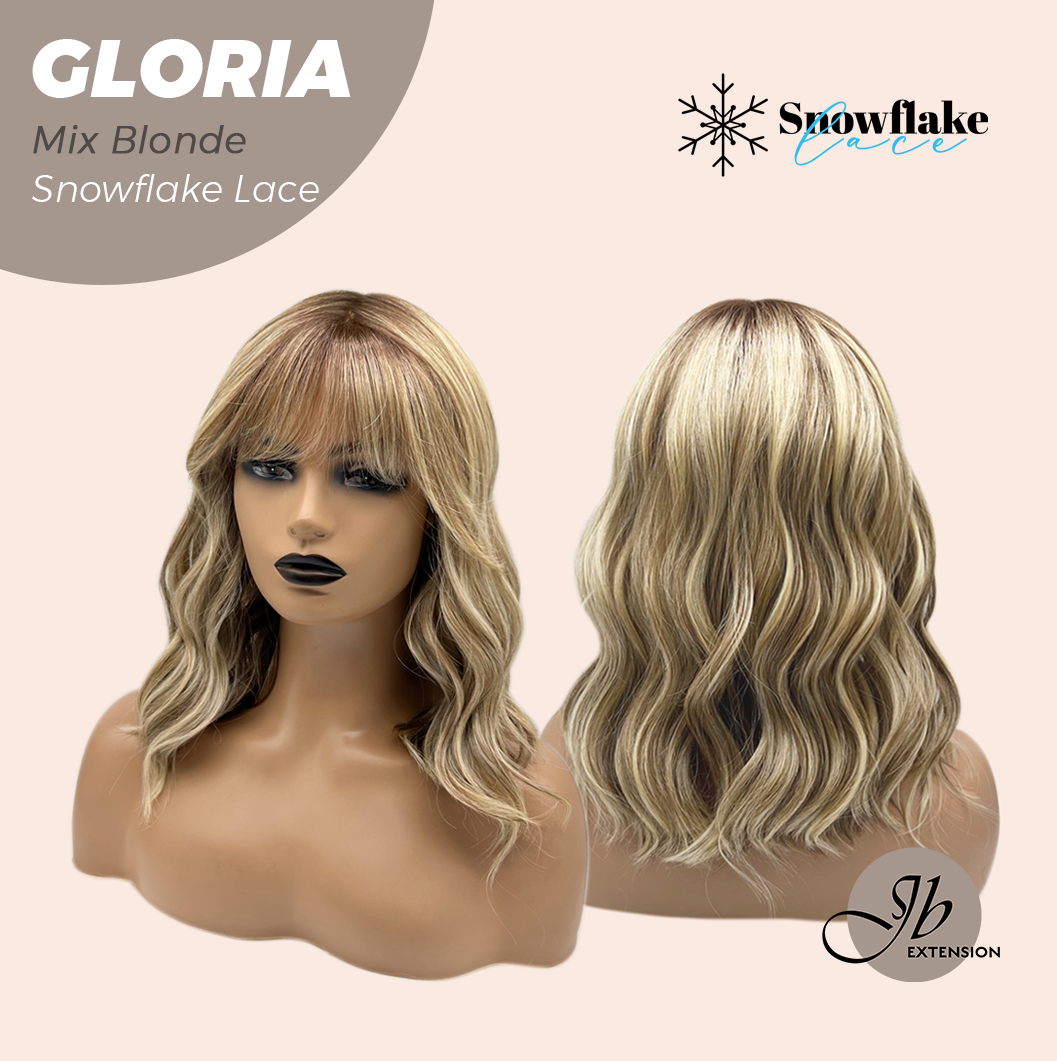 [PRE-ORDER] JBEXTENSION 14 Inches Curly Mix Blonde Wig with Bangs Pre-Cut T Part Snowflake Lace Frontlace Glueless Wig GLORIA MIX BLONDE