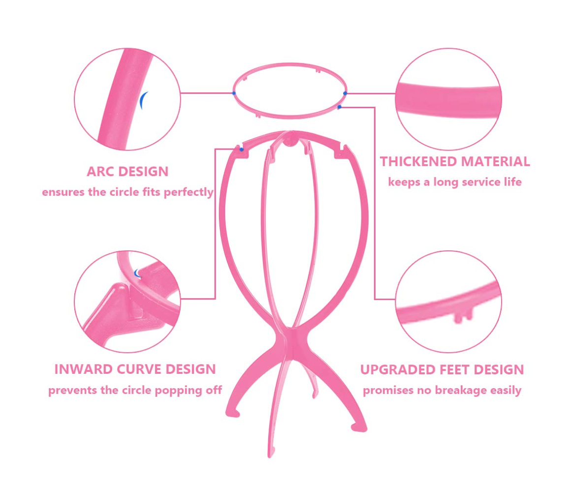 Wig Stand for Styling, 1 Pack Collapsible Wig Stands for Short Wigs Portable Travel Wig Holder Women Girls (14.2 Inch, Pink)