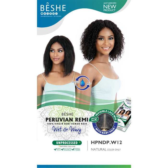 Beshe Peruvian Remi 100% Virgin Remy Human Hair Wet & Wavy HD Lace Wig - HPNDP.W 12"