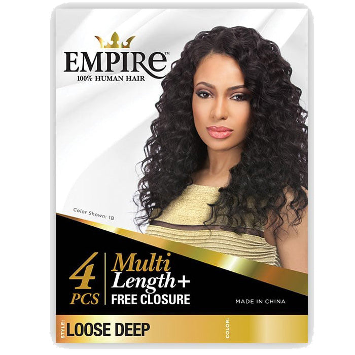 Sensationnel Empire 100% Human Hair Multi Length + Free Closure 4 PCS Weave - LOOSE DEEP 10-18"