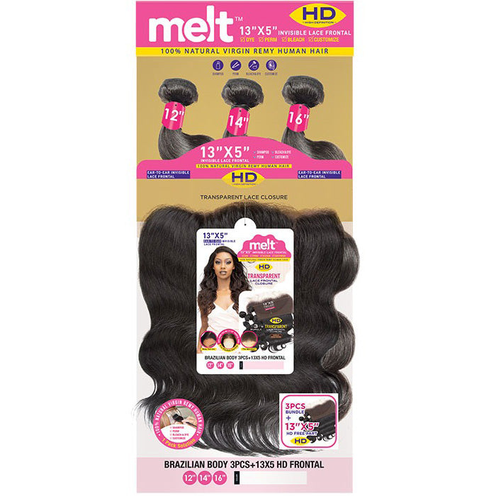 Janet Collection Melt 100% Virgin Remy Human Hair Weave 3 Pcs 13X5 HD Lace Closure - BRAZILIAN BODY 14/16/18"