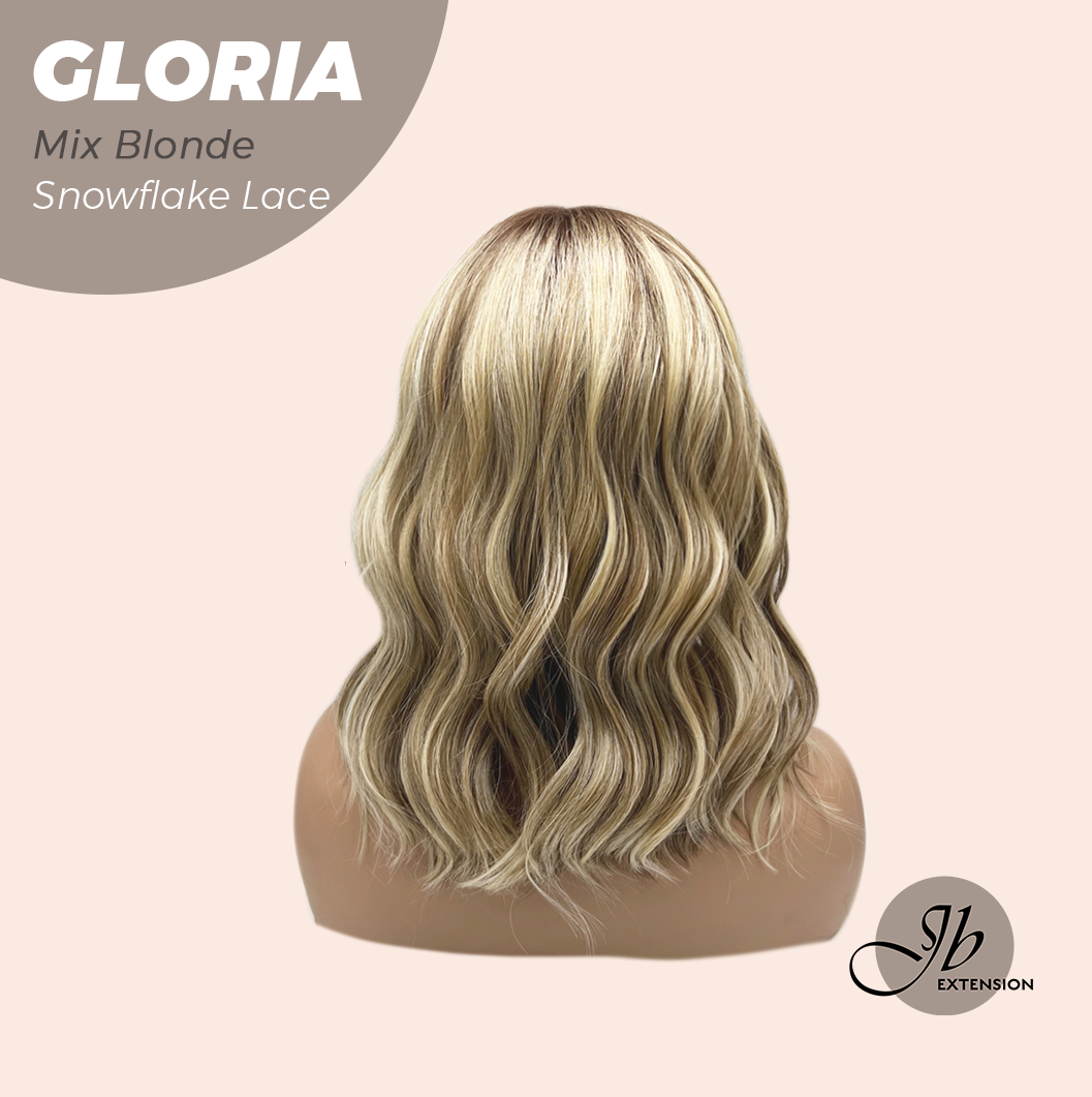 [PRE-ORDER] JBEXTENSION 14 Inches Curly Mix Blonde Wig with Bangs Pre-Cut T Part Snowflake Lace Frontlace Glueless Wig GLORIA MIX BLONDE