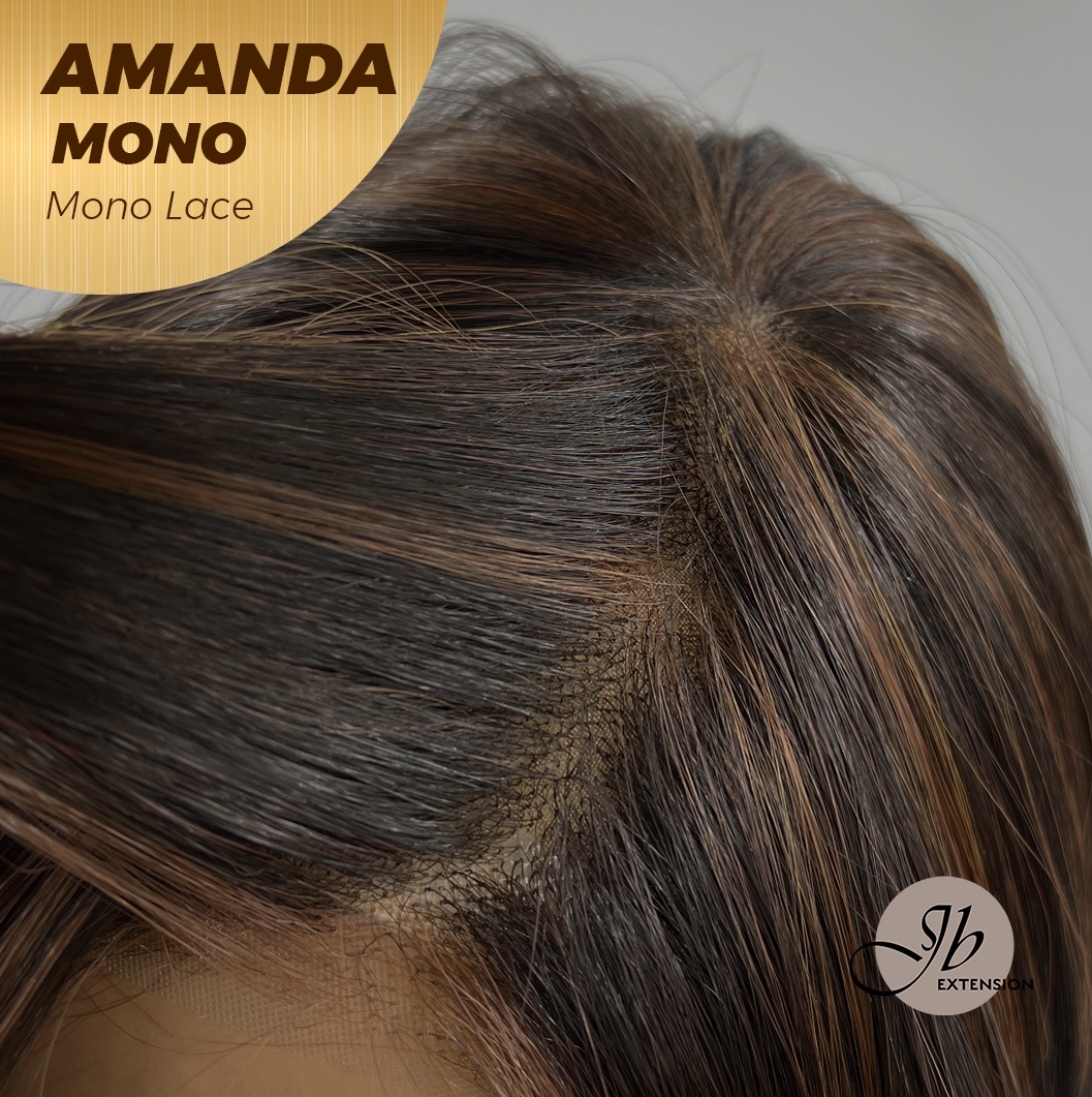 [PRE-ORDER] JBEXTENSION AMANDA MONO Full Monofilament Handmade Full Lace Full Hand Tied Wig 10 Inches Black With Caramel Highlight Mono Lace Handmade Futura Fiber Wig Glueless Wig AMANDA MONO【BENDY EAR TABS】