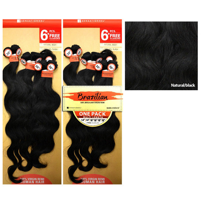Sensationnel Bare & Natural Brazilian 100% Virgin Remi Weave - NATURAL BODY 6 PCS + FREE CLOSURE