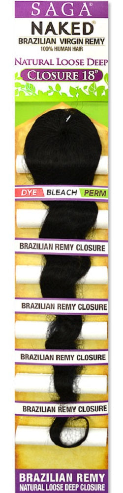 Saga Naked Brazilian Virgin Remy 100% Human Hair NATURAL LOOSE DEEP CLOSURE 14" & 18"
